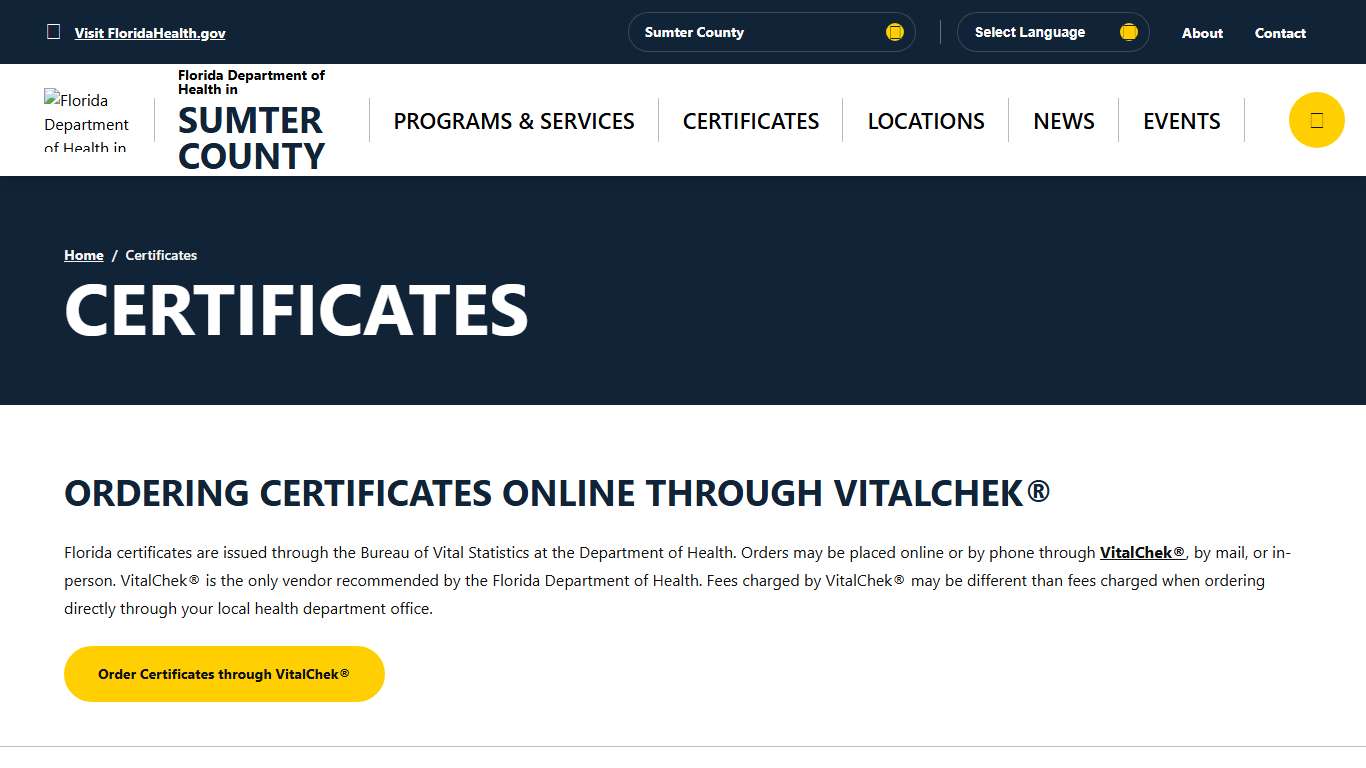 Certificates - Florida Department of Health in Sumter County